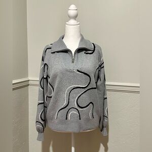 Nine West Gray Quarter-Zip Sweater with Abstract Design